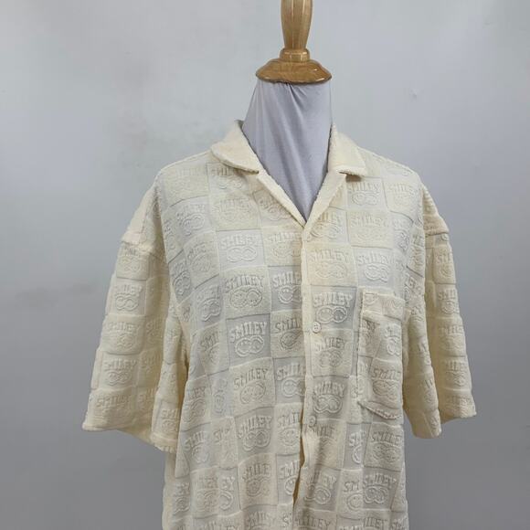 H&M Smiley Shirt Women M Medium Baby Yellow Button Up Relaxed Fit Terry Embossed - Picture 3 of 13